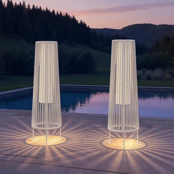 Grand patio Outdoor Floor Solar Light 2-Pack Wicker Solar Patio Lamp Waterproof Outside Deck Lamp for Porch Yard Garden Lawn Decorations - White Gordes 2 PCS