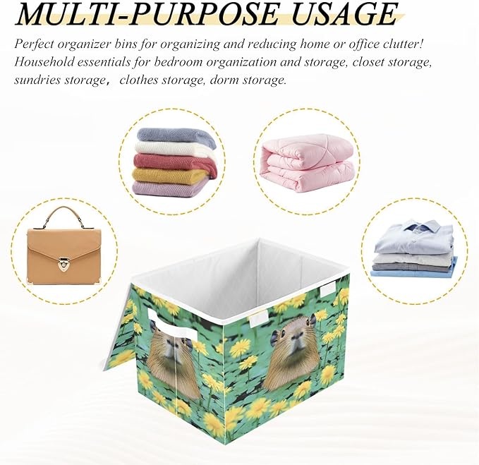 AIXIWAWA Lidded Storage Cube (Cute Capybara) Fabric Foldable Closet Bins with Flip Lid and Handles Organizer Basket Container 16.5 x 12.6 x 11.8 IN
