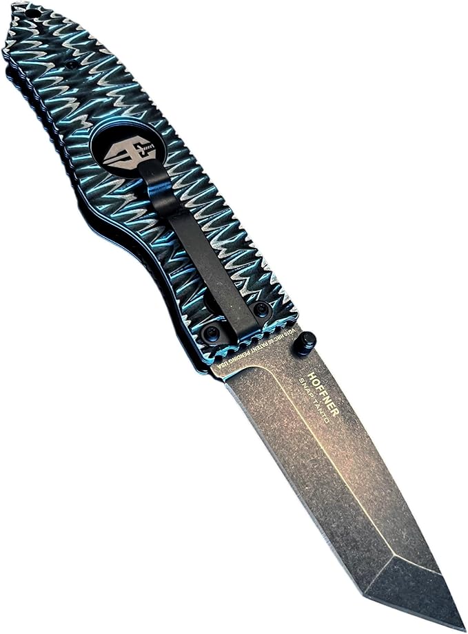 HOFFNER 3.5 EDC Folding Knife with Pocket Clip VG10 Japanese Stainless Steel Black Acid Washed Tanto Blade - (Chiseled Dark Ops Aggressive Texture Grip) - Camping Hiking Outdoor Survival