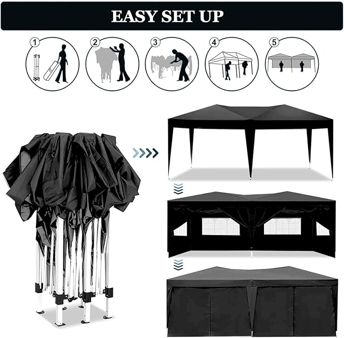 KEIKI 10'x20' Folding Canopy with 6 Removable Sidewalls Outdoor Event Shelter Gazebo Portable Tents for Parties Carport Camping Garden Patio Black
