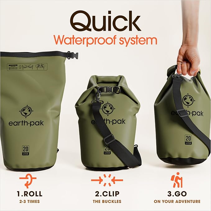 Earth Pak Waterproof Dry Bag - Roll Top Waterproof Backpack Forest Green 5L &amp 10L