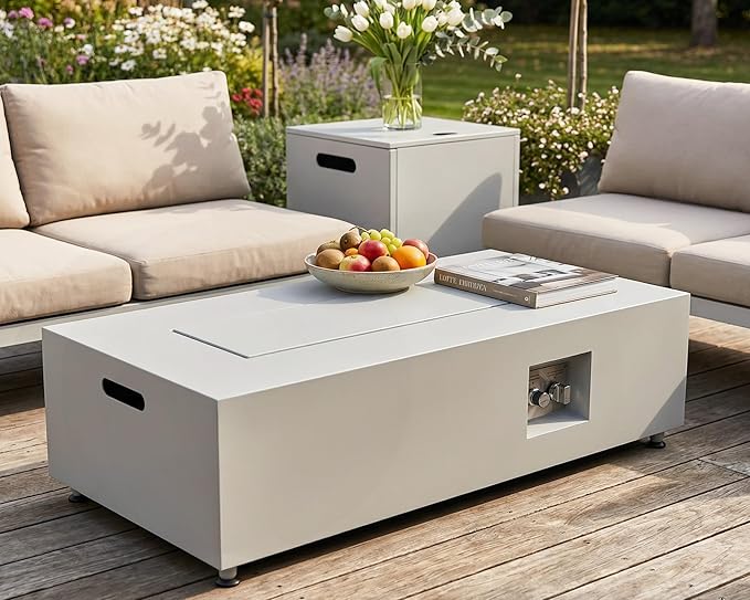 RADIATA 42” Rectangle Propane/Natural Gas Fire Pit for Outside Patio Elegant Minimalist Lowprofile Firepit Table with Tank Table Long Large 50000BTU Durable Sturdy Fireplace for Outside Urban White