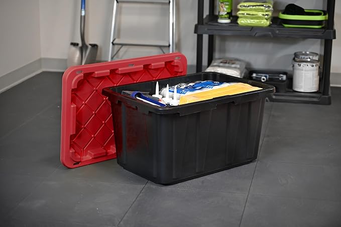 CX BLACK &amp YELLOW XTRA TALL 27-Gallon Heavy Duty Tough Storage Container &amp Snap-Tight Lid (28.5L x 19.4W x 15.2H) Weather-Resistant Design and Stackable Organization Tote [4 Pack]