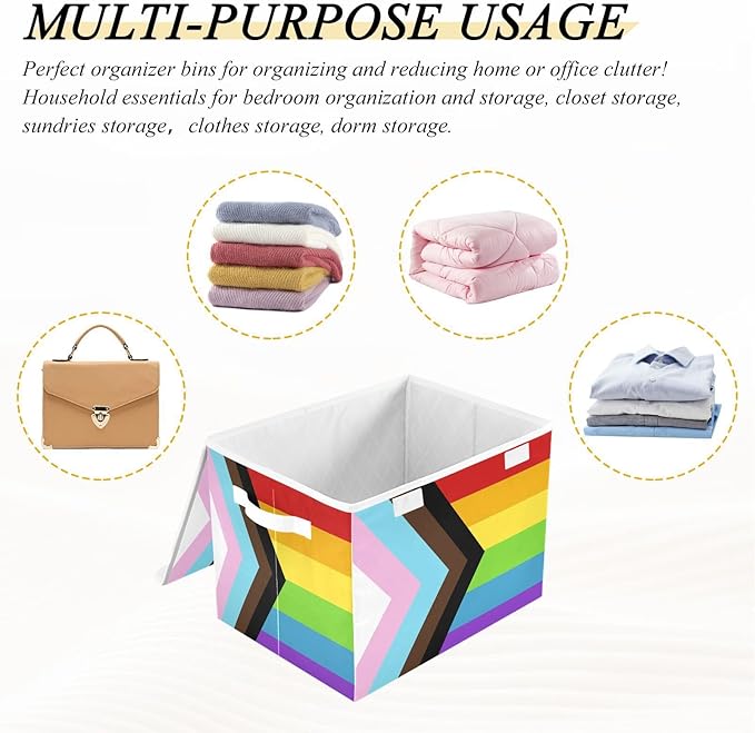 Progress Pride Flag Rainbow Flag Storage Container with Lid Collapsible Closet Organizer Garage Storage Bins for Home