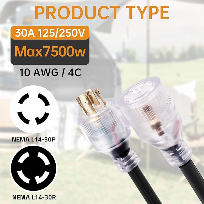 MaxWorks 80841 25-Foot Generator Extension Cord - 30 Amp 125/250V 10 Gauge 4-Prong Twist Lock (NEMA L14-30P to L14-30R) - Heavy Duty SJTW Weather-Resistant Power Cord for Transfer Switch ETL Listed