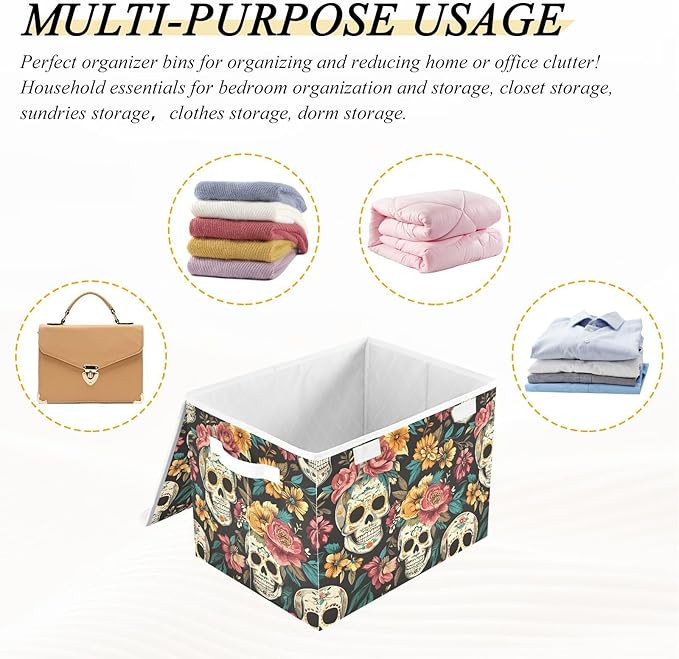 Storage Cube with Lid Mexican Skulls Print 16.5×12.6×11.8 IN Collapsible Large Capacity Foldable Storage Basket Bin Organizer