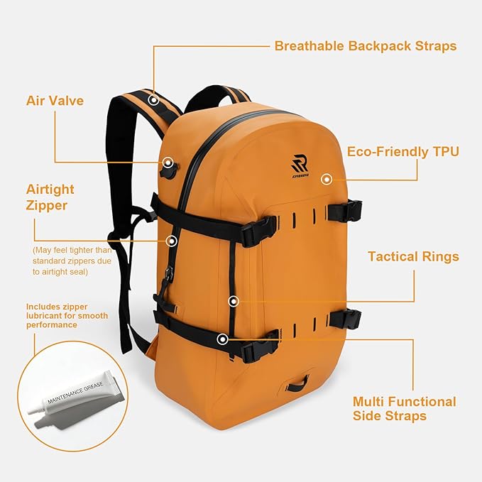 IPX7 Waterproof Backpack for Kayaking Paddle Boarding Boating Premium 30L Dry Bag with Resin Zipper Airtight Rugged Gear Protection Large Capacity for Men Water Sports Surfing Orange