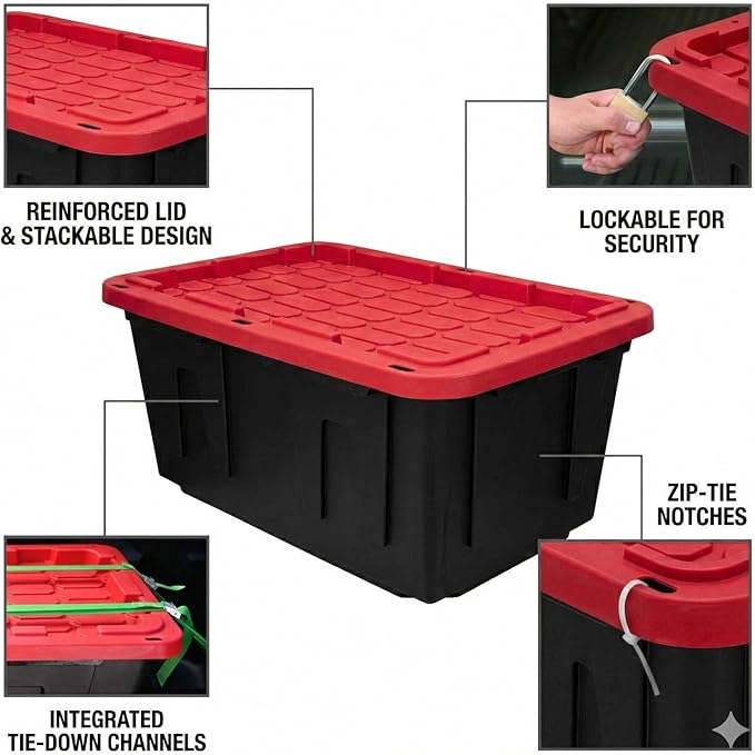 27 Gallon Storage Bin with Lid Heavy Duty Plastic Storage Tote Black and Red Stackable Storage Container for Indoor Outdoor Use Plastic Totes with Lids for Storage (2 Pack)