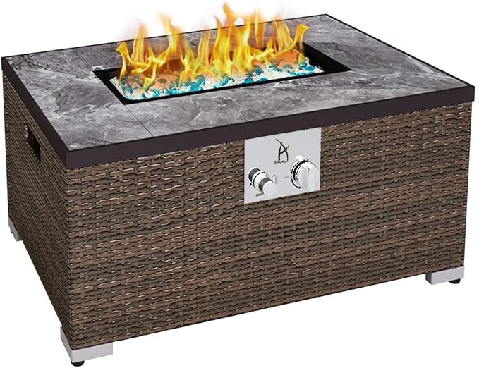 32'' Propane Fire Pit Table Marble Textured Ceramic Tabletop 50000 BTU Fire Table with Brown Wicker Mix Color Glass Rocks Including Lid&ampCover Rectangle Tank Required to Be Kept Outside