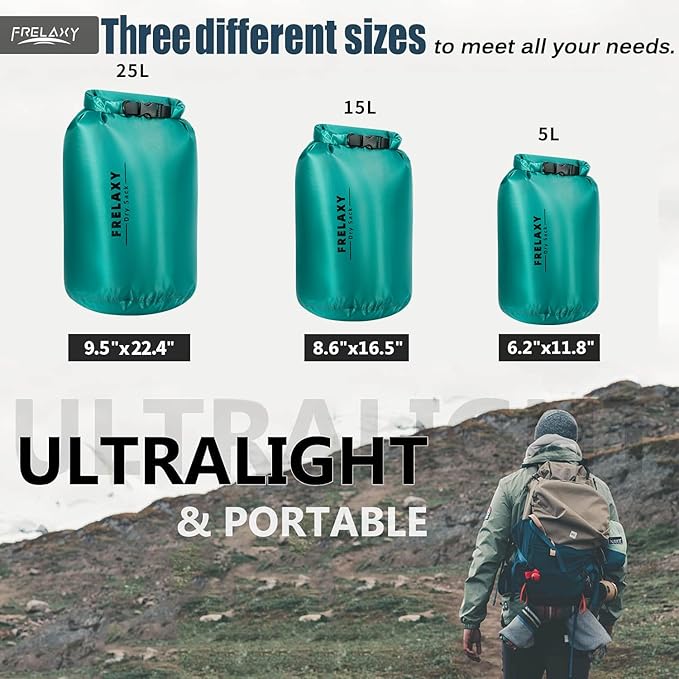 Frelaxy Waterproof Dry Bag 2 Pack/3 Pack Lightweight Portable Dry Bags 5L &amp 15L &amp 25L Durable Dry Sack Set Keep Gear Dry for Hiking Camping Boating Backpacking Kayaking (3 Pack - Turquoi