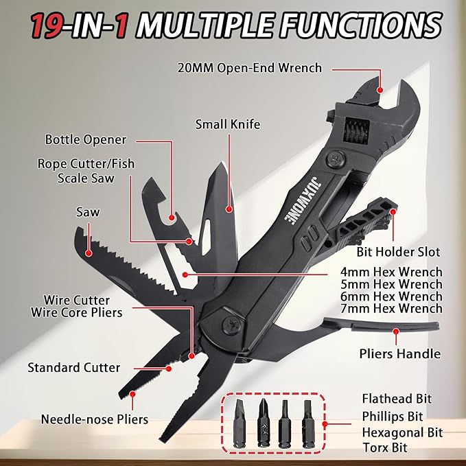 19-in-1 Multitool Wrench – Stainless Steel Adjustable Wrench with Pliers Knife Wire Cutter Saw Screwdrivers – Compact EDC Pocket Tool for Camping DIY Repairs Gift for Men