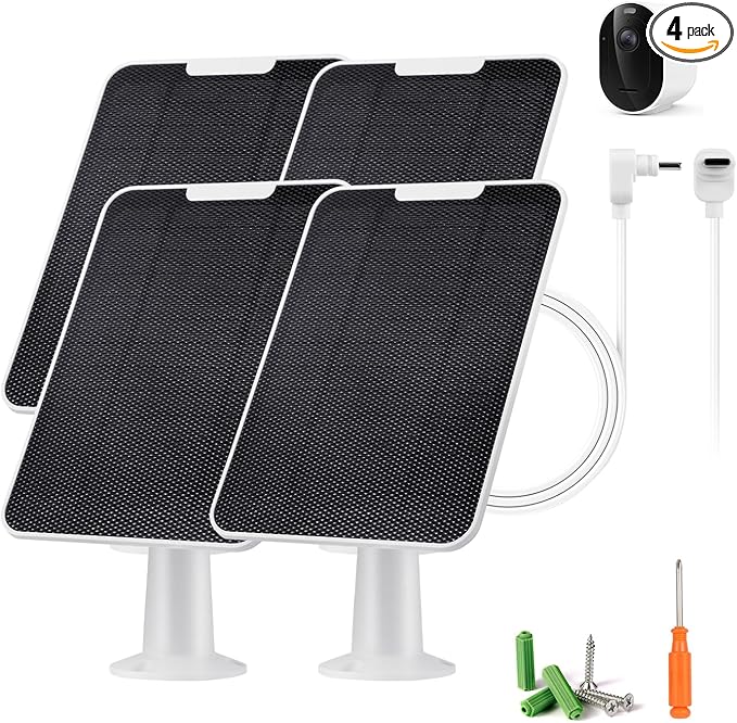 Solar Panel Charger Compatible with Arlo Pro 6/6 XL 6V 5W Solar Panel for Arlo Pro Security Camera 2K HDR (6th Gen 2025 Release) IP65 Weatherproof USB-C Plug 9.8ft Cable Secure Wall Mount 4 Pack