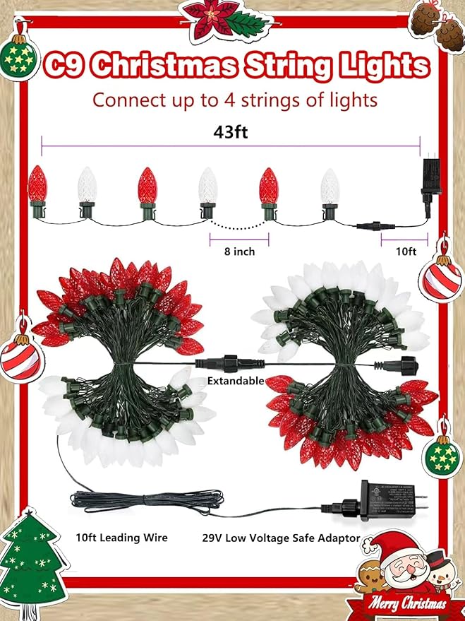 YIQU 2-Pack 66FT C9 Christmas String Lights Outdoor 100LED Waterproof Green Wire Plug in Led Fairy String Lights for Xmas Tree Indoor Garden Patio Wedding Party Decoration (Red and White)