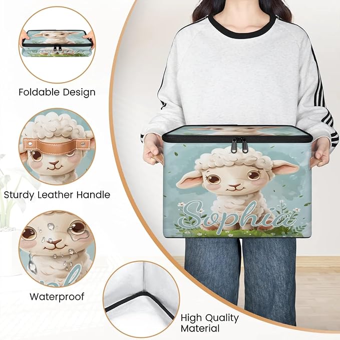 Custom Storage Basket with Name Personalized Storage Bins with Zipper Lid Foldable Fabric Storage Box Large capacity with Handle Flower Sheep