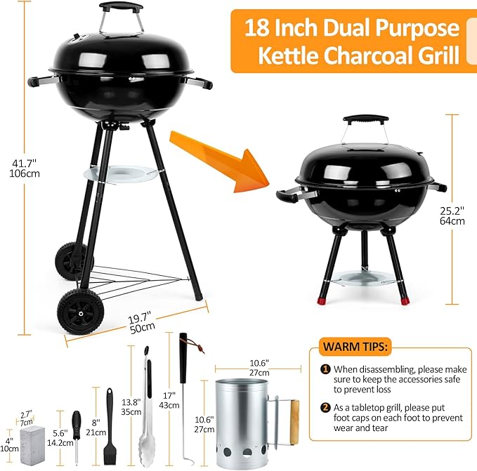 18 inch Kettle Charcoal Grills Leonyo Portable BBQ Charcoal Grill for Outdoor with Cover &amp Chimney Starter Griddle Accessories for Camping Patio Backyard Cooking - 254 Sq.in