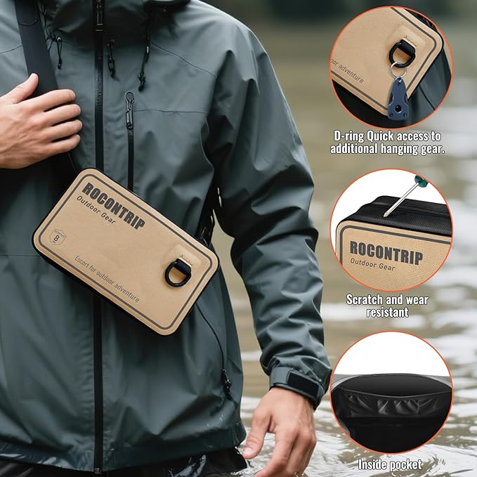 ROCONTRIP 100% Waterproof Dry Bag Dry Waist Pack with Airtight Zipper Adjustable Strap Sling Bag Lightweight Crossbody Dry Bag for Kayaking Snorkelling and Swimming (Khaki)