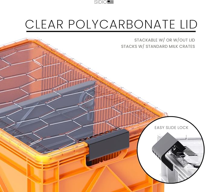 SIDIO CRATE Starter Pack - Two Full Size and One Half Size SidioCrate Stackable Outdoor Organizer Storage Bins with Clear Lid and Dividers - Orange