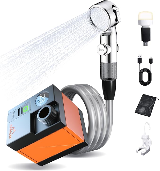 Portable Shower for Camping Compact Outdoor Shower with Temperature Display &amp EPS IPX7 Waterproof with 3-Mode Head Rechargeable Shower Pump for Hiking Beach Pet RV &amp Camp Accessories