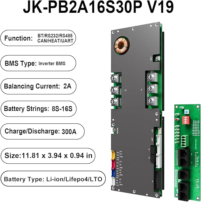 JKBMS Inverter BMS 8S-16S 24V-48V 300A – V19 Home Energy Storage BMS with UART Port 2A Active Balance Built-in Bluetooth RS485 &amp CAN for Solar System (JK-PB2A16S30P V19)