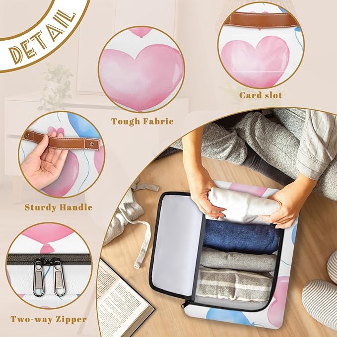 Valentine¡¯s Day Storage Bins with Zipper Lid Love Heart Balloons Fabric Lidded Storage Baskets Cubes with Handles Decorative Foldable Shelf Closet Organizer Container