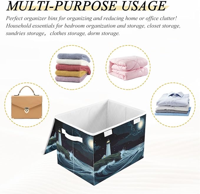 Storage Cube with Lid Cartoon Lighthouse Print 16.5×12.6×11.8 IN 1 Pack Collapsible Large Capacity Foldable Storage Basket Bin Organizer