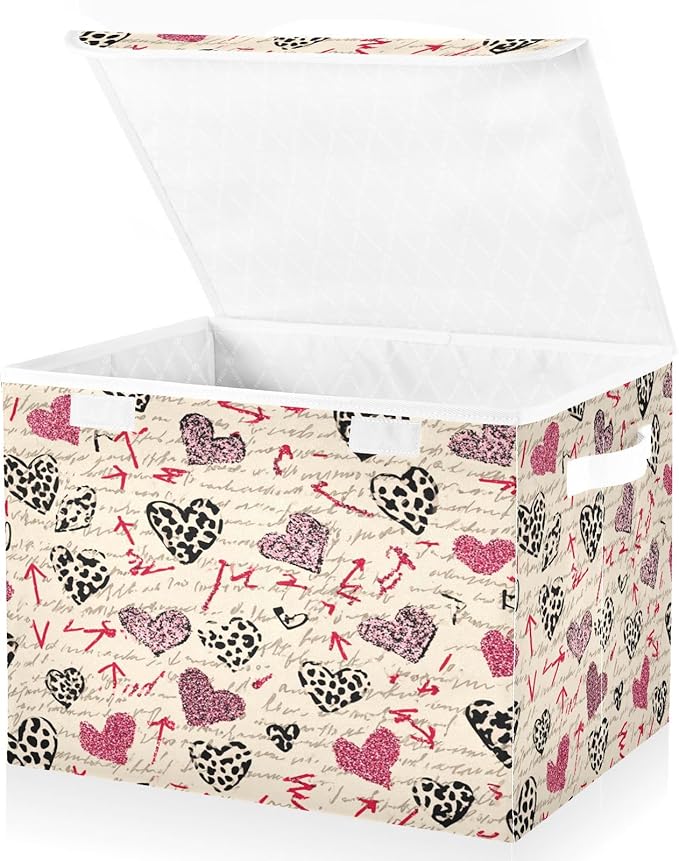 Storage Bins With Lid Stackable Fabric Closet Organizer Clothing Storage Large Boxes For Closet Shelves Bedroom Hearts Leopard Print Arrow Beige