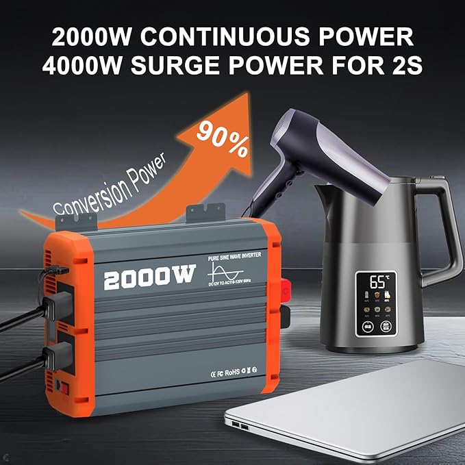 2000W Pure Sine Wave Inverter 12V to 110V/120V AC Car Power Inverter for Vehicles Truck Solar RV Home Backup with Dual AC Outlets USB &amp Type-C Fast Charge Ports Remote Controller