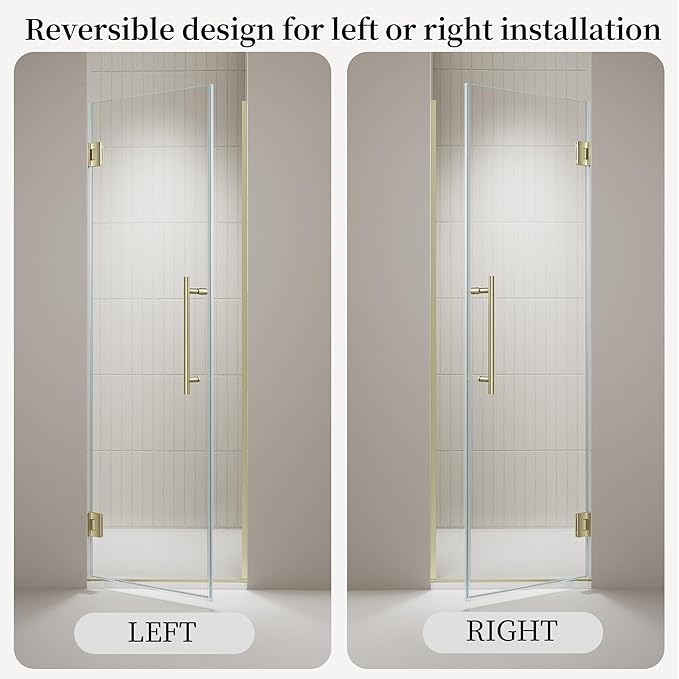 29.6-29.8 x 72Frameless Hinged Shower Door Single Swing Shower Panel with 5/16” (8mm) Tempered Glass 180° in &amp Out Opening 5mm Adjustable for Non-Vertical Walls (Brushed Gold 29.8 x 72)