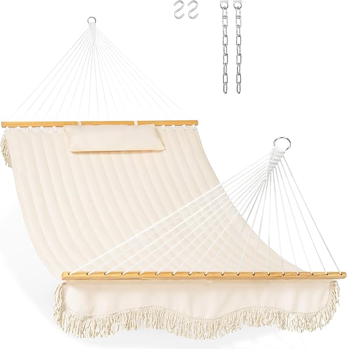 Lazy Daze Hammocks 12 FT Double Quilted Fabric Hammock with Hardwood Spreader Bar Tassels Soft Pillow Chains 2 Person Hammock for Outside Patio Backyard Poolside 450 LBS Weight Capacity Cream