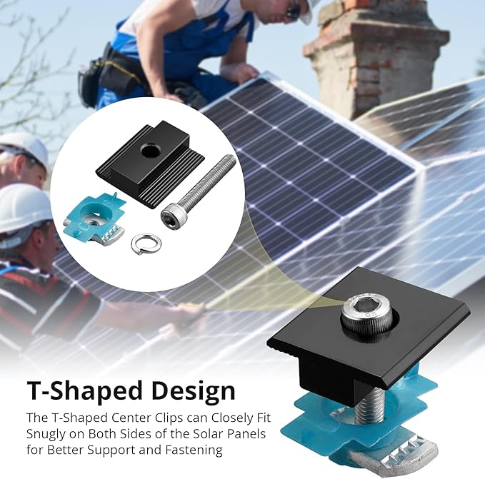 Anbte 10 PCS Solar Panel Clamps for Unistrut Aluminium 40mm 6 x T-Shaped Mid Clamps + 4 x End Clamps Solar Panel Mounting Brackets for Metal Tin Flat Sheet Roofs RV Black