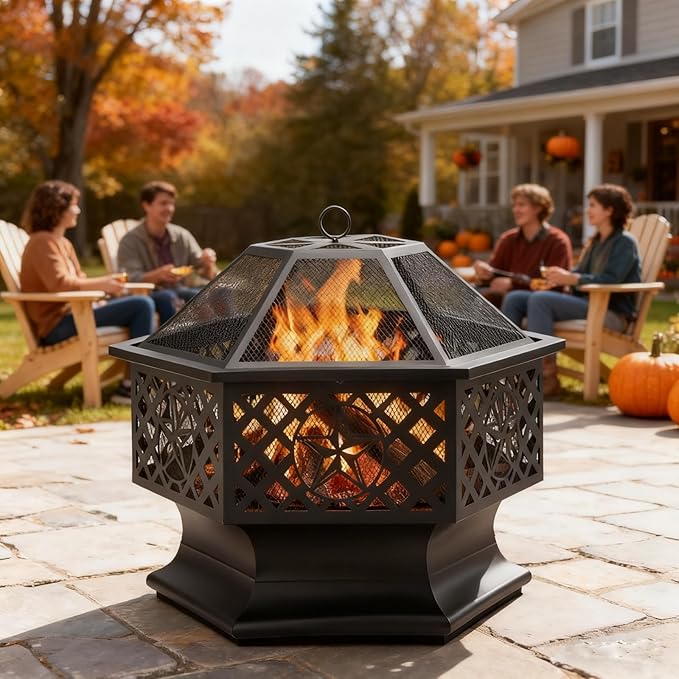 Panovue 28 Inch Hexagonal Fire PitWood Burning Firepits for Outside with Spark Screen&ampPokerMetal Hex-Shaped Outdoor Fire Pit for OutsideBackyardBonfirePatioGardenPicnic and Camping（Black）