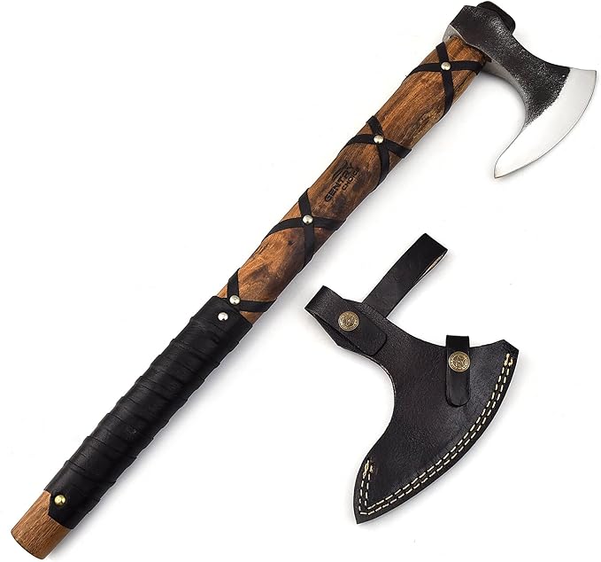 Camping Axe Hatchet 19 Inch – 1095 High Carbon Steel Bearded Axe with Rosewood Handle &amp Leather Wrap Outdoor Wood Chopping Hatchet with Genuine Leather Sheath
