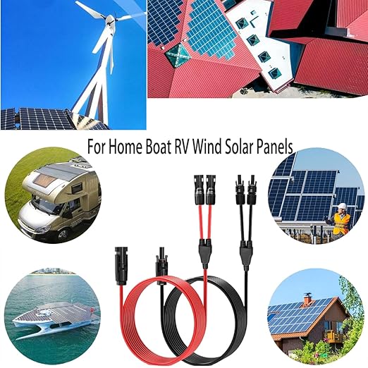 Solar Panel Extension Cable 20FT 10AWG Solar Connectors Y Branch Parallel Adapter Cable 6mm² Wire for 2 Solar Panels Solar Panel PV Wire for RV Home Boat (20FT Red+20FT Black) (10AWG 20FT)