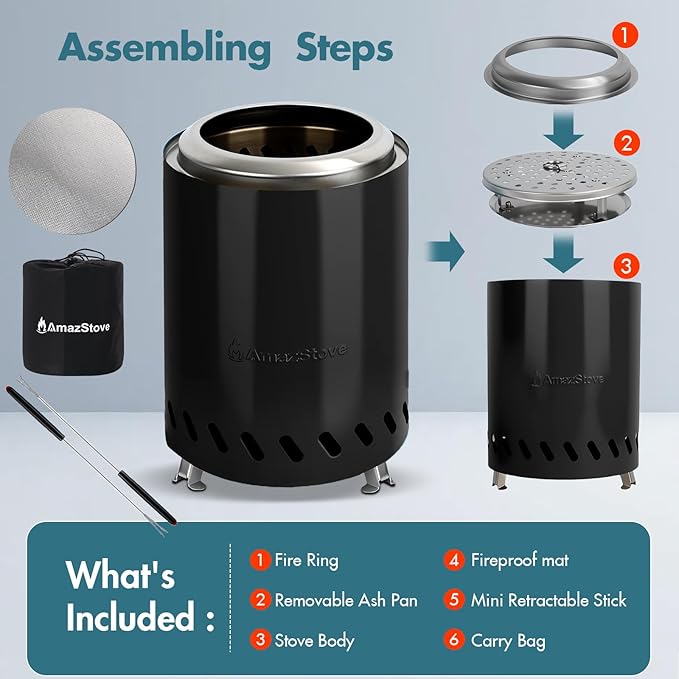 9.7 x 7.1 Inch Tabletop Fire Pit by AmazStove Low Smoke Camping Stove for Outdoor Safe Burning Firepits Fueled Pellets or Wood Travel Bag Included (Black 9.7 x 7.1 INCH)