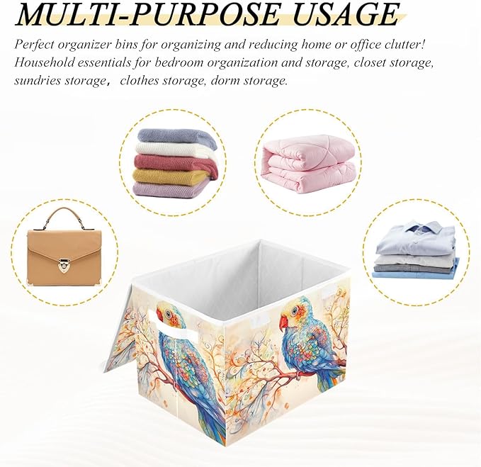 Fantasy Parrot Storage Cube Bins Basket with Lid Collapsible Flip-top Fabric with Handle for Home Bedroom Closet Office 16.5×12.6×11.8 in