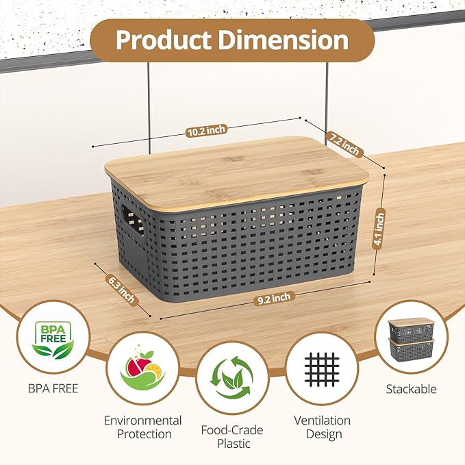 Plastic Storage Baskets with Bamboo Lids Stackable Small Box Bins for Organizing and Containers for Shelves Drawers Desktop Closet Pantry Classroom Office Home 6 Pack 10.2x7.2x4.1 Inch Gray