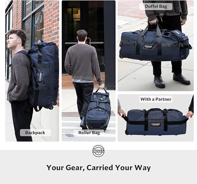 STOVER 45/80/100L Rolling Duffel Bag with Wheels Large Durable Travel Duffle + Toiletry Bag Heavy Duty Packable Foldable with Shoulder Straps- Use as Luggage or Backpack Men/Women (Blue)