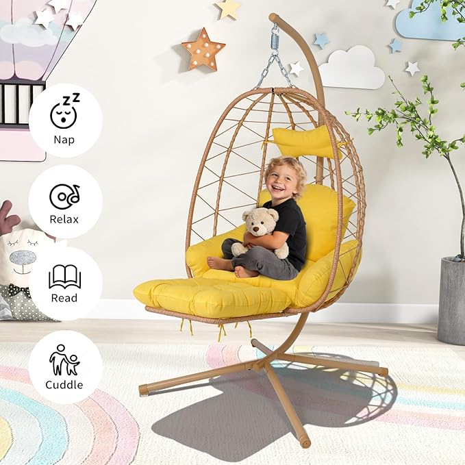 Hanging Egg Chair with Stand Outdoor Indoor Patio Rattan Swing Hammock Chairs with Washable Cushion PE Wicker Swing Chair for Backyard Bedroom Garden (Yellow + Yellow Cushion with Footrest)
