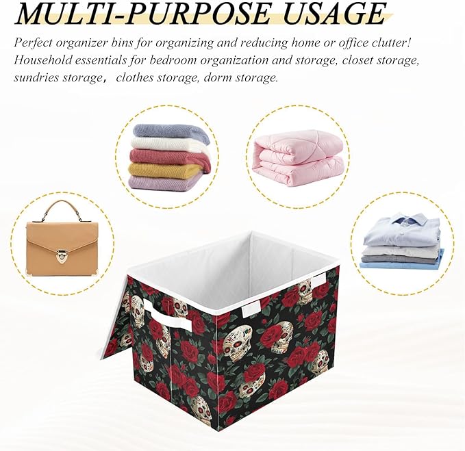 Storage Bins with Lids Storage Containers Box Organizer Bin Basket with Handles for Closet Shelves Clothes Stackable Foldable Decorative Mexico Skull Rose Flowers Red