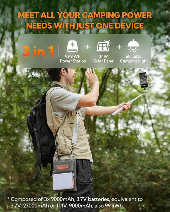 Lumopal Portable Solar Charger 99.9 Wh Battery Bank Equipped with 24W Foldable Solar Panels and 600 Lumen Adjustable LED Camping Light 65W PD USB-C 22W QC3.0 USB A Output for Outdoor