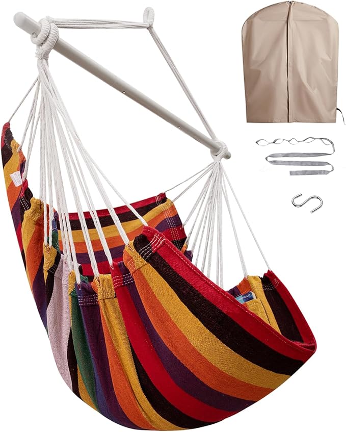 Miztli Hammock Chair with Hanging Chair Cover – Max 500 Lbs Steel Spreader Bar with Anti-Slip Rings Comfortable Indoor &amp Outdoor Hanging Chair – Includes Protective Waterproof Cover (57x45.5 in)