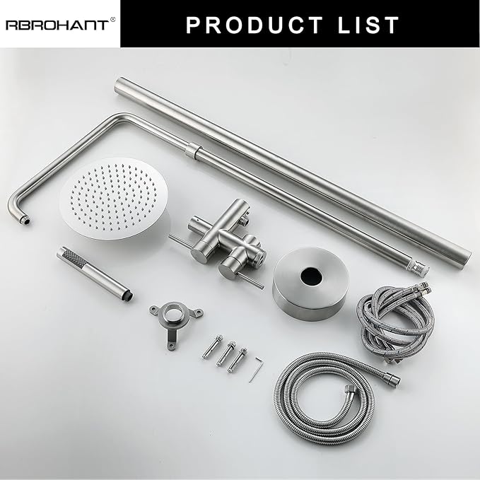 RBROHANT Freestanding Outdoor Shower Nickel Height Adjustable Outside Showers for Backyard Garden Pool Beach Outdoor Shower Fixtures with 10” Rain Shower Head and Handheld Brushed Nickel JK0317