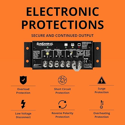 Morningstar SunSaver 6A PWM Solar Charge Controller (SS-6L-12V) - Solar Panel Regulator for 12V Batteries Four Stage Battery Charging LVD HazLoc Rated Low Noise 5 Year WTY - Designed in The USA