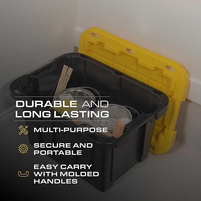 CX BLACK &amp YELLOW 12-Gallon Heavy Duty Storage Bins with Lids Stackable Plastic Storage Bins with Weather-Resistant Design Home Organization 6 Pack (12.51H x 16.3W x 21.8D)