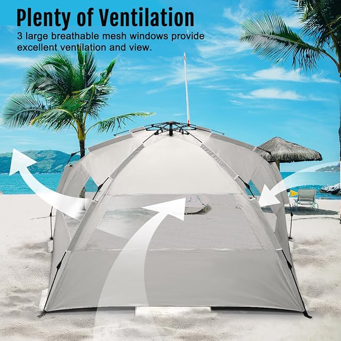 WhiteFang Deluxe Pop Up Beach Tent Sun Shade Shelter for 3-4/5-6 Person UV Protection Extendable Floor with 3 Ventilating Windows Plus Carrying Bag Stakes and Guy Lines