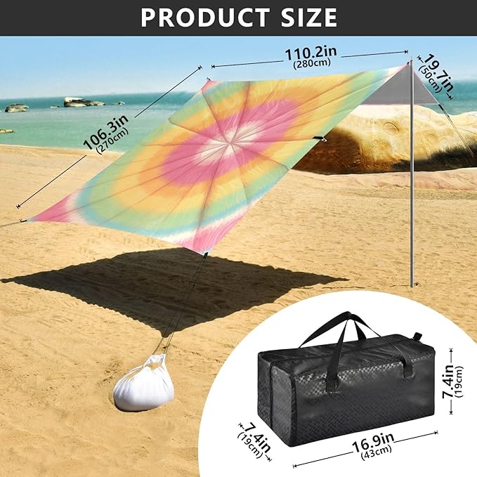 Tie-dye Pattern Bright Colors Tie-dye Background Stable Beach Tent UPF50 Water-Resistant Large Sun Shelter with Sandbags Sand Shovel Poles for Camping Trips Fishing Backyard Fun or Picnics