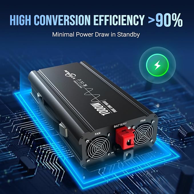 1000W Pure Sine Wave Inverter 12V DC to 110-120V AC Efficient Energy Converter for Home RV Use with Wireless Remote Control with USB C Ports