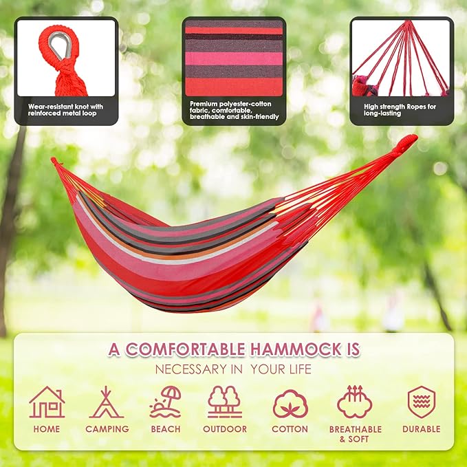Gold Armour Brazilian Style Hammock with Tree Straps for Hanging Portable Single Double Hammock for Camping Outdoor Indoor Patio Backyard (Pink Stripe)