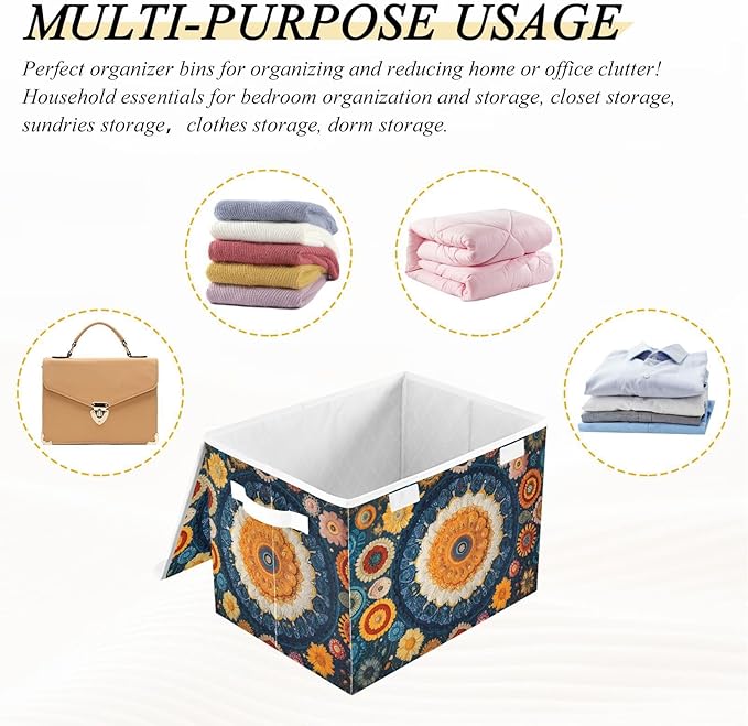 AIXIWAWA Lidded Storage Cube (Ethnic Floral Pattern) Fabric Foldable Closet Bins with Flip Lid and Handles Organizer Basket Container 16.5 x 12.6 x 11.8 IN
