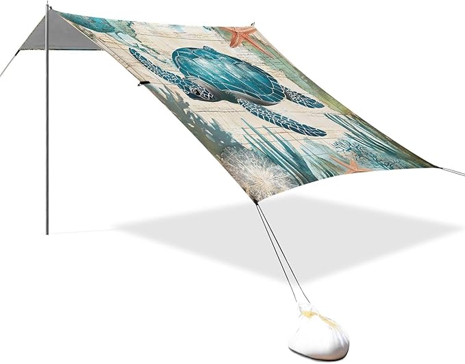 ALAZA Sea Turtle Age of Sail Beach Tent Sun Shelter UPF50+ Protection Beach Shade Canopy w/ 4 Sandbags for Outdoor Camping Fishing Backyard Fun Picnic 10x9 ft